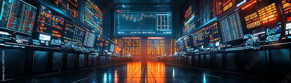 Poster futuristic trading room filled with multiple screens displaying stock market data and charts in vibr