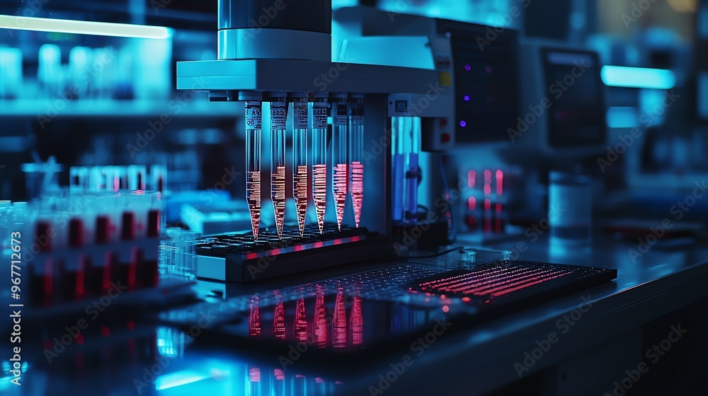 Poster high-tech laboratory equipment with pipettes and test tubes illuminated in blue. perfect for science