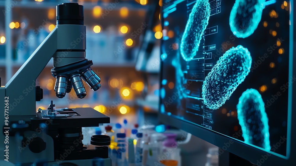 Poster high-tech laboratory scene featuring a microscope and digital display of bacteria, showcasing advanc