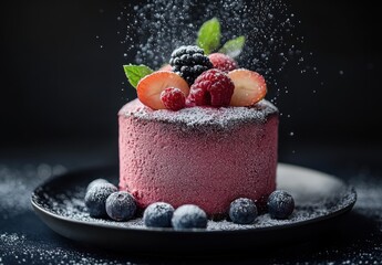 Delicious Pink Cake with Fresh Berries and Powdered Sugar