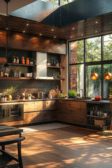 Modern kitchen with warm brown tones, featuring wooden cabinetry and sleek stainless steel appliances.