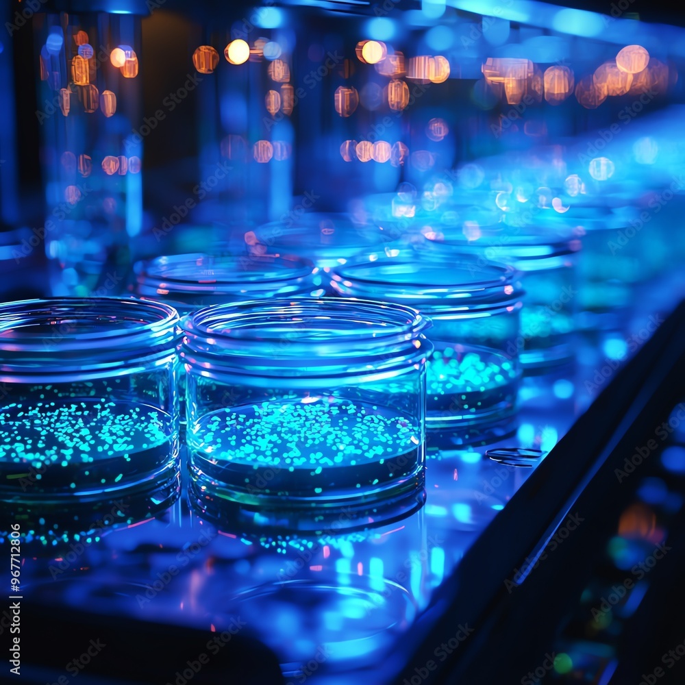 Aufkleber illuminated jars filled with glowing blue liquid in a dark environment, creating a vibrant and capti