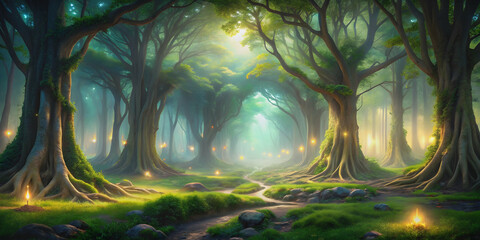 A mystical ancient forest where trees communicate through light and sound, ancient, forest, trees, communicate, light