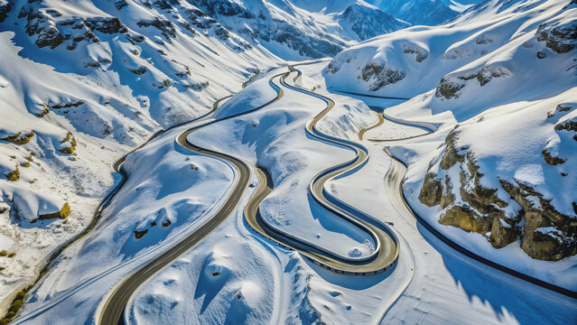 Aerial view of snow-covered Julier Pass road winding through Swiss Alps in winter, Swiss Alps, Julier Pass, Switzerland