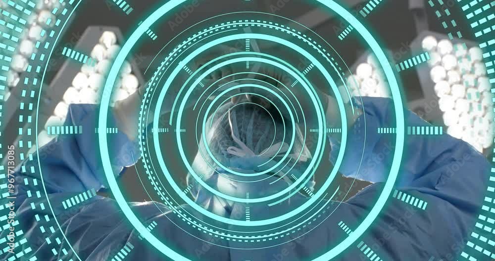 Poster animation of scope scanning and data processing over african american surgeon in operating theatre
