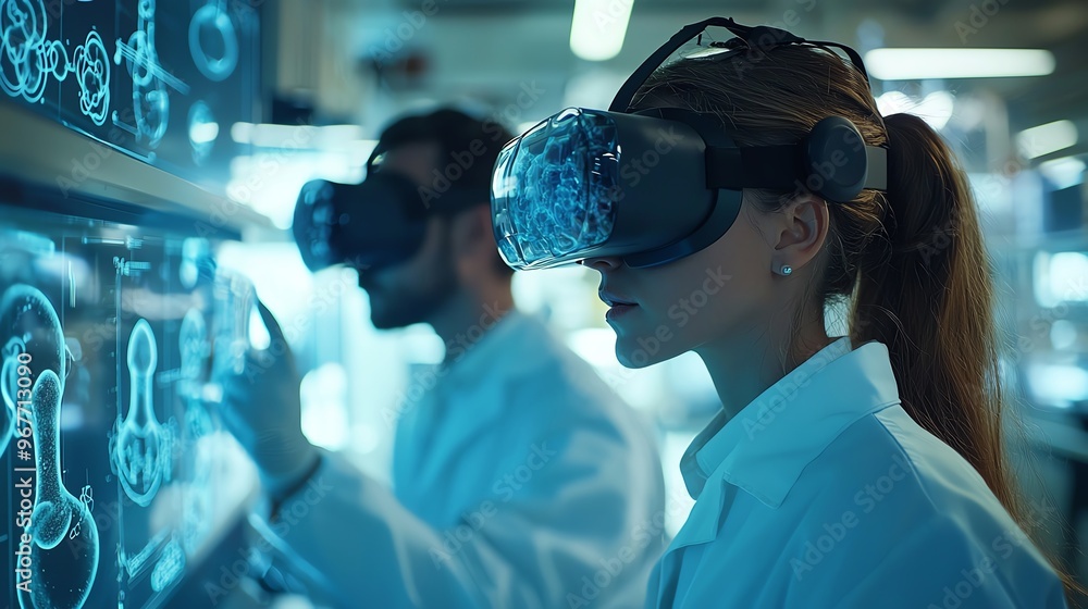 Poster scientists using virtual reality technology for research and data visualization in a modern laborato