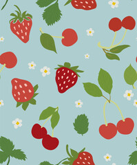 Fruits summer seamless pattern with strawberries and cherries garden on blue background. Cute hand drawn summer berries design for prints.