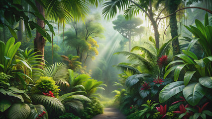 Fototapeta premium Lush and vibrant rainforest scene with tropical plants, trees, and exotic wildlife, lush, vibrant, rainforest, tropical, plants