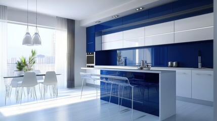 Fototapeta premium How about: Modern and luxurious kitchen interior with contemporary design, featuring a stylish table, cabinets, sink, and stove in an empty, well-furnished space?