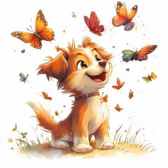 A cheerful dog surrounded by colorful butterflies in a vibrant, whimsical scene, capturing joy and playfulness of nature.