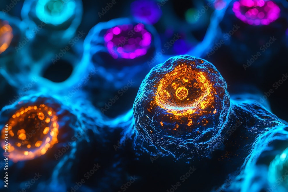 Poster vibrant microscopic view of colorful cells showcasing intricate details and dynamic structures. perf