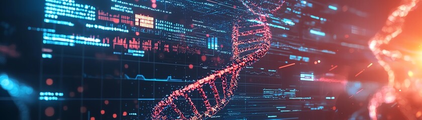 Vibrant digital representation of DNA structure, symbolizing genetics, biotechnology, and data analysis in a futuristic landscape.