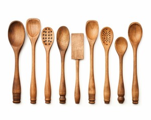 A collection of various wooden spoons arranged in a row, showcasing unique shapes and designs, perfect for cooking enthusiasts.