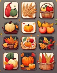 Autumn Food and Harvest Stickers - set of autumn themed food and harvest icons, including apples, corn, squash, and a basket of harvest produce. Graphic art illustration icons symbols