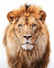 A majestic lion portrait showcasing its detailed mane and powerful gaze, symbolizing strength and bravery in nature.