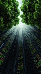 A unique perspective of nature merging with technology, showcasing tall structures amidst vibrant green trees and light.