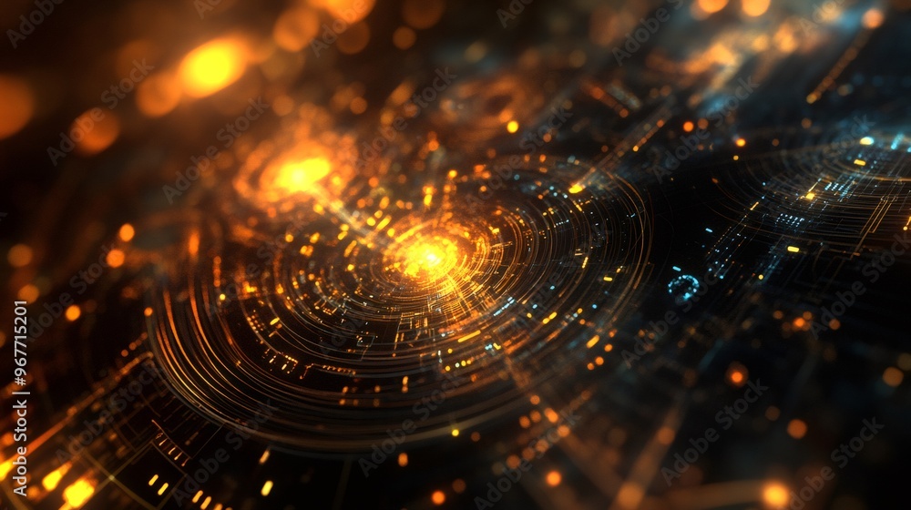 Poster abstract digital technology background with glowing orange lights and intricate circuits.