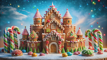 Obraz premium Fantasy holiday gingerbread castle surrounded by candy canes and lollipops, fantasy, gingerbread, castle, holiday, candy