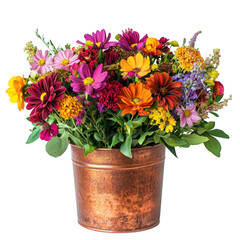 A vibrant bouquet of assorted flowers in a copper pot, symbolizing beauty and nature.