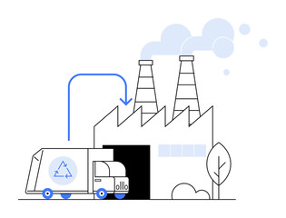 Recycling truck unloading at factory, factory smoke stacks releasing fumes, tree nearby. Ideal for waste management, recycling processes, industrial environmental care, eco-friendly activities