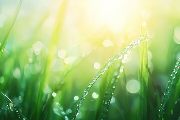 Fototapeta premium Dew Drops on Green Grass with Bokeh Background. copy space.