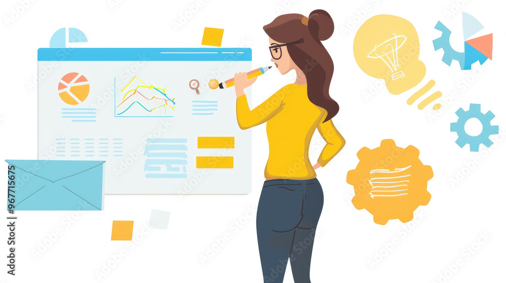 Poster a woman in casual attire examines charts on a digital display while brainstorming new ideas in a mod