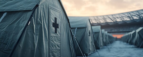 A series of medical tents set up against a dramatic sky, symbolizing aid, relief, and emergency response in a large facility.