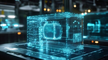 Holographic 3D model of a device with digital blue lines on a dark background.