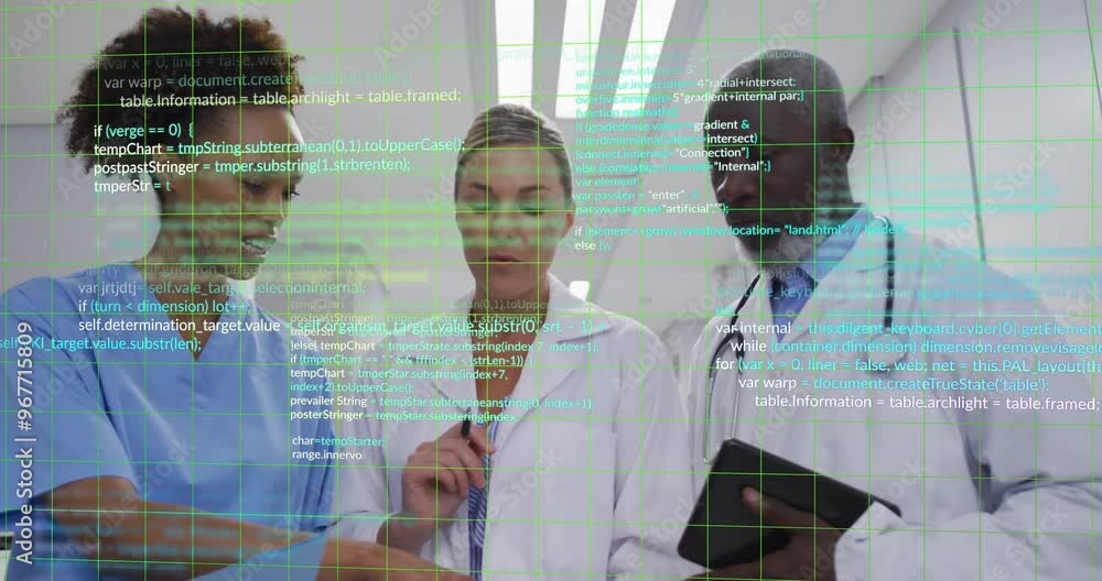 Poster animation of data processing over diverse doctors talking