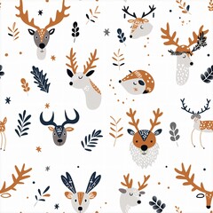 Scandinavian Christmas seamless pattern, Weihnachtsgeschenkpapier Winter Geschenkpapier mit süssen Rentieren Pinguinen Elchen Fuchse, Endlos Geschenkpapier für Kinder zu Weihnachten oder Geburtstag