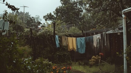 A rainy backyard scene with clothes hanging on a line, surrounded by lush greenery and vibrant flowers, creating a calming and serene atmosphere.