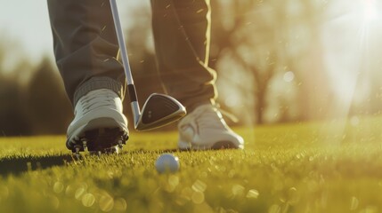 A golfer poised to strike the ball on a sunlit golf course, capturing the elegance and precision of the sport.