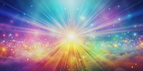Naklejka premium Colorful gradient fantasy background with ethereal rays of light and whimsical elements, fantasy, gradient, background
