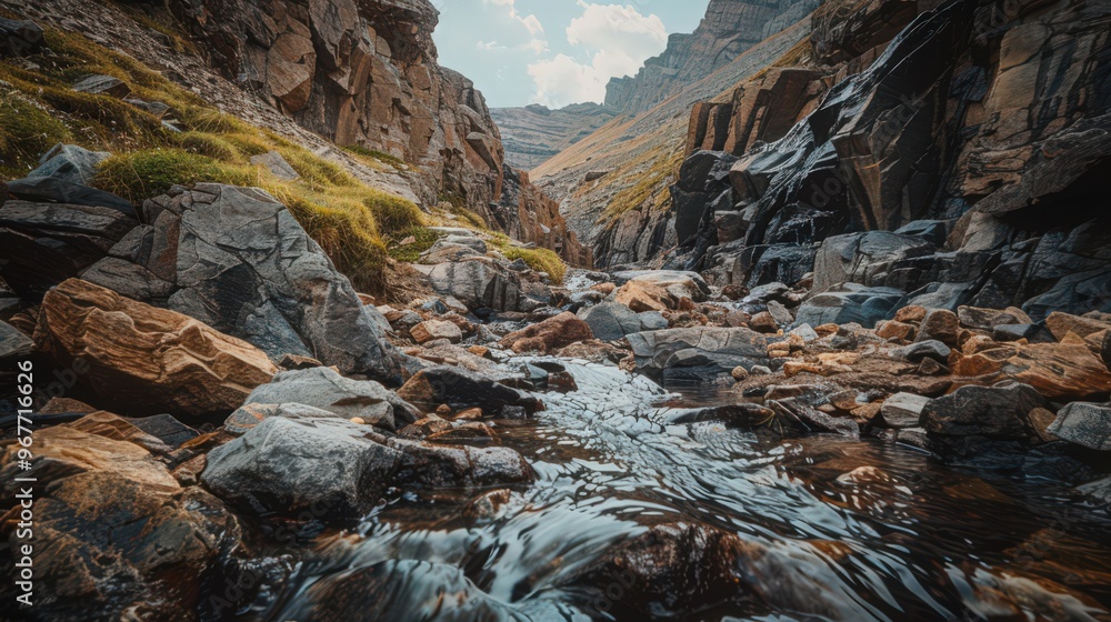 Aufkleber a stream running through a rocky terrain with dramatic cliffs rising on either side, emphasizing the