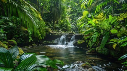 A stream flowing through a lush, tropical rainforest, with vibrant green foliage and exotic plants framing the water.