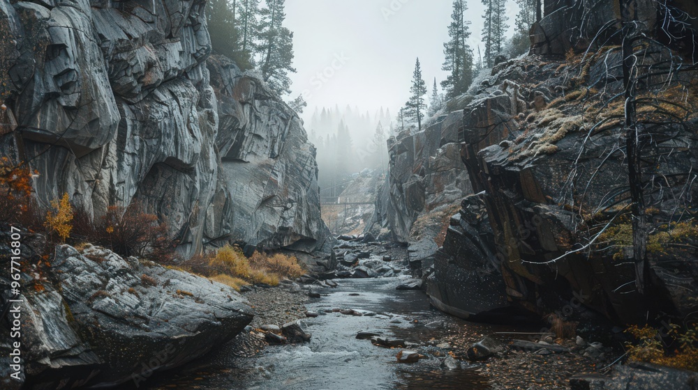 Poster a stream running through a rocky terrain with dramatic cliffs rising on either side, emphasizing the