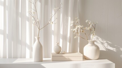 Elegant minimalist vases with delicate branches and flowers beautifully arranged in soft, natural light on a white surface.