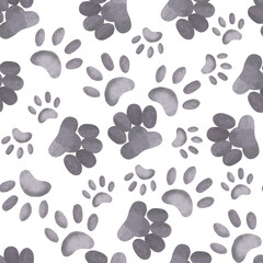 Seamless watercolor pattern. Paws and paw prints of pets, dogs and cats, all objects are hand painted with watercolors. Suitable for printing on fabric, paper, design of pet products, postcards.