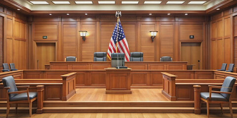 Interior of a modern USA court room with wooden benches, judge's chair, American flag, and gavel, court, legal, justice, interior