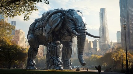 A Metallic Elephant Statue Towering Over a Cityscape