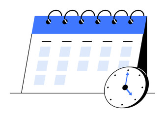 Obraz premium A spiral-bound desk calendar with a clock in front, blending minimalist design with time management. Ideal for scheduling, productivity, planning, organization, and reminders. Clean line style.