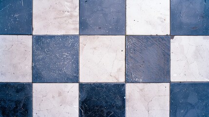 A close-up of an aged, checkered tile floor showcasing a blend of dark blue and white tiles with visible wear and cracks.
