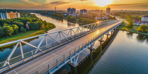 Fototapeta premium Aerial view of a pedestrian bridge in the morning , bridge, pedestrian, aerial, morning, sunrise, cityscape, walkway