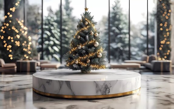 Merry Christmas stone podium background. Christmas marble empty scene. Winter empty pedestal, front view. Christmas tree banner