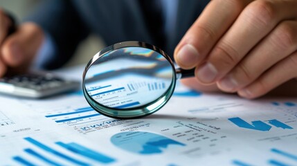 Business professional reviewing financial reports and statistics with a magnifying glass