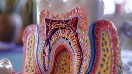 Cross-section of a human tooth, showing the enamel, dentin, pulp, and roots involved in oral health.
