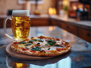 vegetable pizza and beer on kitchen counter