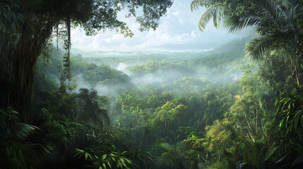 A panoramic view of the Amazon rainforest canopy, with layers of greenery and various species of trees stretching into the distance 