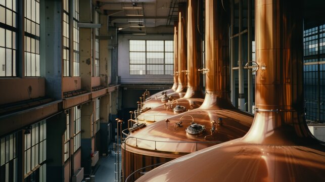 A row of gleaming, polished copper brewing tanks inside a spacious, sunlit brewery with large industrial windows.
