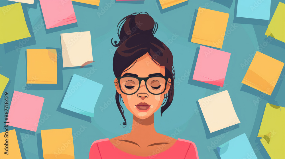 Poster a young woman with glasses is deep in thought, surrounded by an array of colorful sticky notes in a 